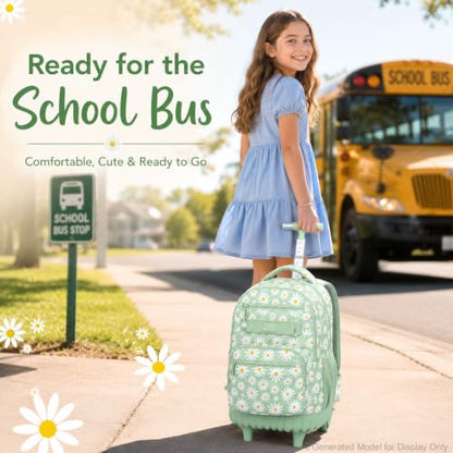 AGSDON Elegant Chrysanthemum Rolling Backpack Set – 20” Girls Roller Bookbag with Matching Lunch Box for Travel, Commute & School | Water-Resistant Fashion Wheeled Organizer in Flower Cyan - color: Rolling Backpack Set - Daisy Green