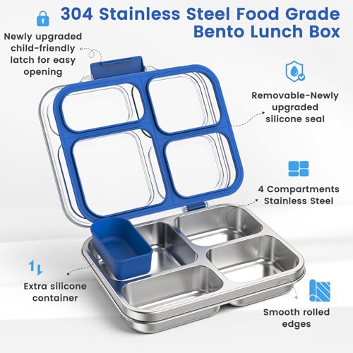 Stainless Steel Bento Box for Kids Adults with Silicone Container, Leak Proof 4 Compartments Metal Lunch Box, Removable Silicone Seal & Clear Lid Food Container for School Office, BPA-Free(Blue) - color: Blue