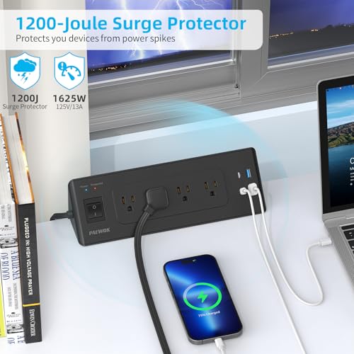 PAEWOK Desk Clamp Power Strip with 4 Outlets 4 USB Ports (2 USB C), Black | 6.5ft Flat Plug Extension Cord, Fit 1.9 inch Tabletop Edge, Desktop Mounted, Surge Protector, Desk Charging Station