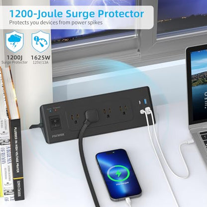 PAEWOK Desk Clamp Power Strip with 4 Outlets 4 USB Ports (2 USB C), Black | 6.5ft Flat Plug Extension Cord, Fit 1.9 inch Tabletop Edge, Desktop Mounted, Surge Protector, Desk Charging Station
