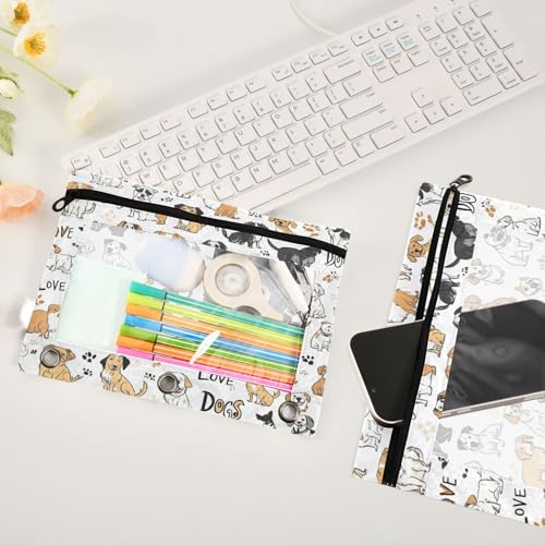 Kcldeci Pencil Pouch for 3 Ring Binder, Breeds Drawn Dogs 2 Pack Binder Pencil Pouch with Clear Window Pencil Bags with Zipper Pencil Case for binder - color: B01
