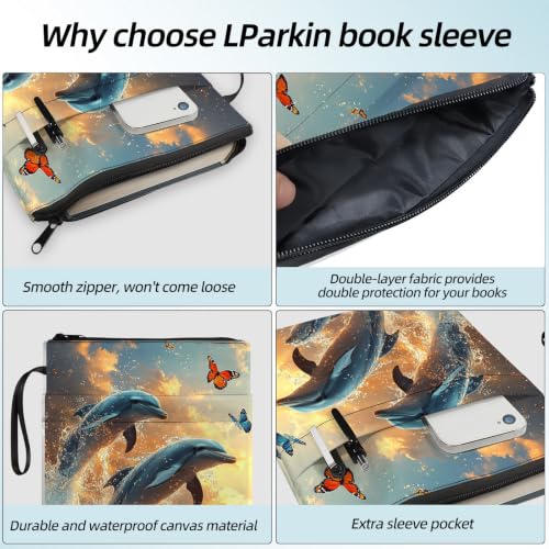 Padded Book Sleeve with Zipper & Front Pocket, Fabric Book Cover | Sunset Ocean Dolphins Sea11.4"x8.7" Washable Canvas Pouch for Hardcovers, Tablets & Reading Accessories - color: Sunset Ocean Dolphins Sea