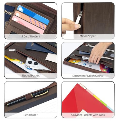 Ospelelf Zippered Portfolio Binder, Leather Clipboard Folder with Storage, 3 Ring Binder 1 Inch, 12.1” Tablet Sleeve, 5 Dividers with Pocket, Refillable Notepad, Card Slot (Brown) - color: Brown