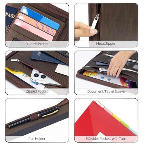 Ospelelf Zippered Portfolio Binder, Leather Clipboard Folder with Storage, 3 Ring Binder 1 Inch, 12.1” Tablet Sleeve, 5 Dividers with Pocket, Refillable Notepad, Card Slot (Brown) - color: Brown