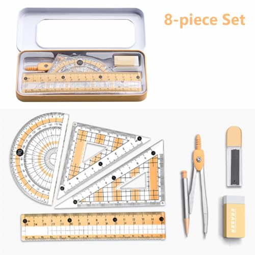 Math Geometry Tool Kit for Students – 8-Piece Compass Protractor Ruler Set with Metal Case, Anti-Myopia Office School Drawing Supplies (Yellow) - color: Yellow