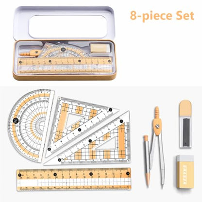 Math Geometry Tool Kit for Students – 8-Piece Compass Protractor Ruler Set with Metal Case, Anti-Myopia Office School Drawing Supplies (Yellow) - color: Yellow