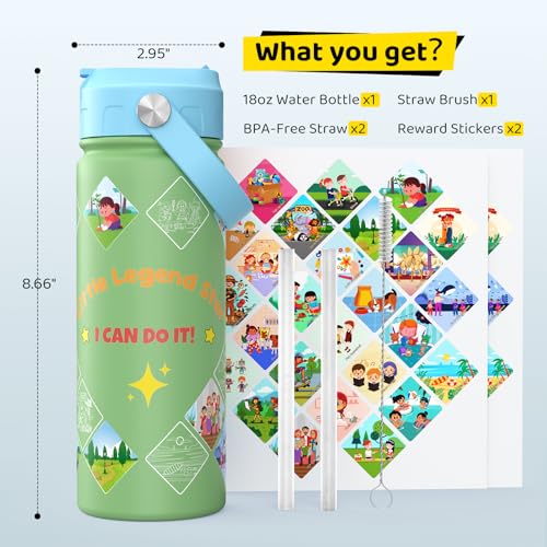 GoKEDA Kids Water Bottle with Stickers, 18oz Vacuum Double Insulated Cup with Straw, 316 Stainless Steel Bottles for School, Gift for Girls(Green) - color: Green