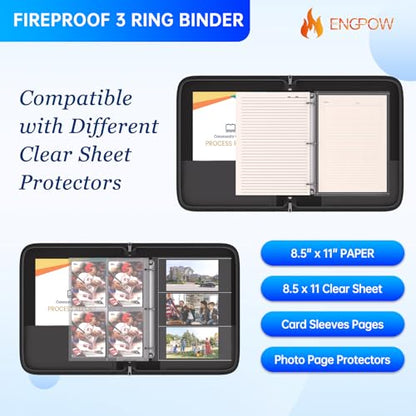 ENGPOW 3 Ring Binder,Fireproof 1.5 Inch D Ring Binder with Zipper,Holds 375 Sheets,Non-Stick,PVC-Free,Compatible with Clear Sheet Protectors,Portable School Office Home Safe Storage for Paper,Black - size: 1.5 inch