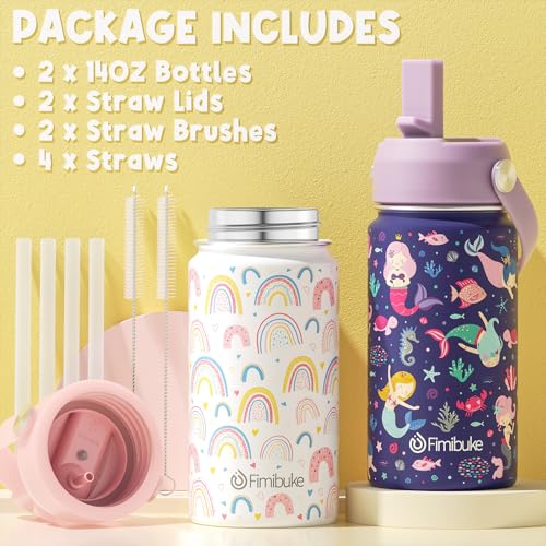Fimibuke Kids Insulated Water Bottle, 14oz BPA FREE Double Wall Vacuum Tumbler 18/8 Stainless Steel Leak Proof Kids Cups with Straw Metal Water Bottle for School Boy Girl (2 Pack, RAINBOW/MERMAID) - color: A6. RAINBOW+MERMAID