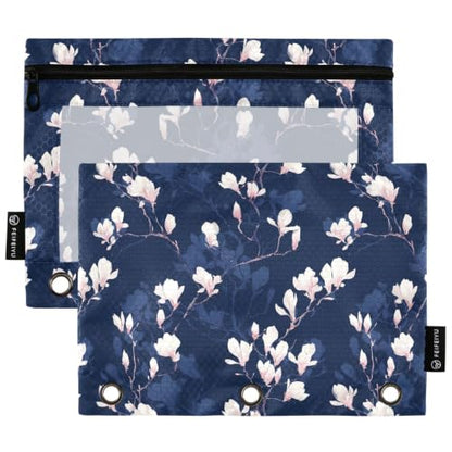 Gredecor 3 Ring Binder Pencil Pouch, Magnolia White Flowers on Navy Blue Zippered Pen Case Pouches with Clear Window, 2 Pack Stylish Office & School Supplie - color: Magnolia White Flowers on Navy Blue