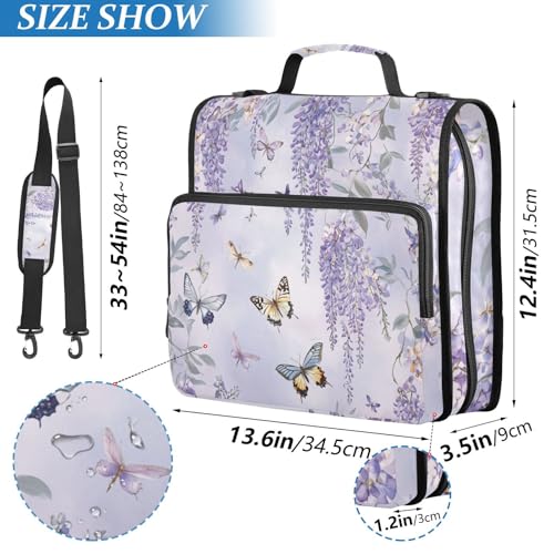 Purple Butterflies and Lavender Zipper Binder 3 Ring 1.5 Inch School Binder Organizer with Shoulder Strap Handle File Folder Pockets Large Capacity Students Girl Boy Men Office Work - color: Purple Butterflies and Lavender