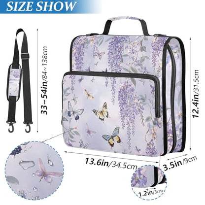 Purple Butterflies and Lavender Zipper Binder 3 Ring 1.5 Inch School Binder Organizer with Shoulder Strap Handle File Folder Pockets Large Capacity Students Girl Boy Men Office Work - color: Purple Butterflies and Lavender
