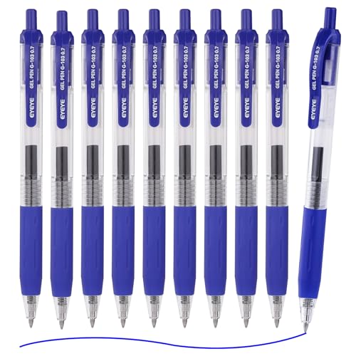 EYEYE G-103 Retractable Gel Blue Pens 0.7mm, 10 Pack Medium Point Ballpoint Pen Quick Drying, Pen Fine Point Smooth Writing Pens for Office School Supplies - color: Blue, size: 0.7mm
