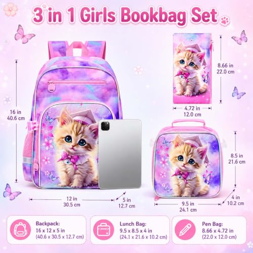 gxtvo 3PCS Girls Backpack, 16" Sequin Prechool Elementary Bookbag and Lunch Box - color: New Uv Printing Dr.cat Clip-on Backpack Pink