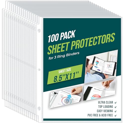 Sheet Protectors 8.5 x11 Inch Clear Page Protectors for 3 Ring Binder,100 Pack Plastic Sleeves for Paper,Documents and Photos,Top Loading Binder Sleeves Paper Protector Letter Size - size: 100 Pack
