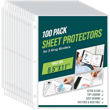 Sheet Protectors 8.5 x11 Inch Clear Page Protectors for 3 Ring Binder,100 Pack Plastic Sleeves for Paper,Documents and Photos,Top Loading Binder Sleeves Paper Protector Letter Size - size: 100 Pack