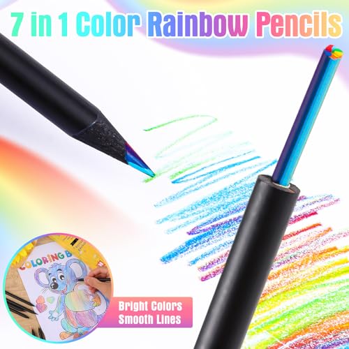 12 Pcs Rainbow Pencils with Sharpener, 7 Color in 1, Black Wooden, Art Supplies for Kids & Adults, Birthday Pencils