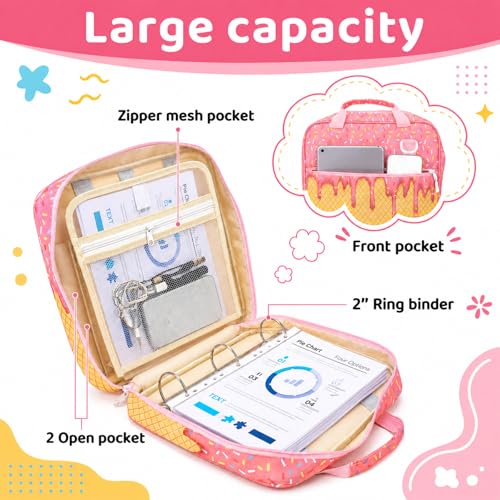MiniInflat Baseball Drip Ice Cream Zippered Binder Bag with Handle 2-inch 3-Ring O-Ring, 600-sheet Capacity, Includes Zipper Pocket, Multi-Pocket Organizer Binder Sports(Ice Cream,Pink) - color: Pink, style: Ice Cream