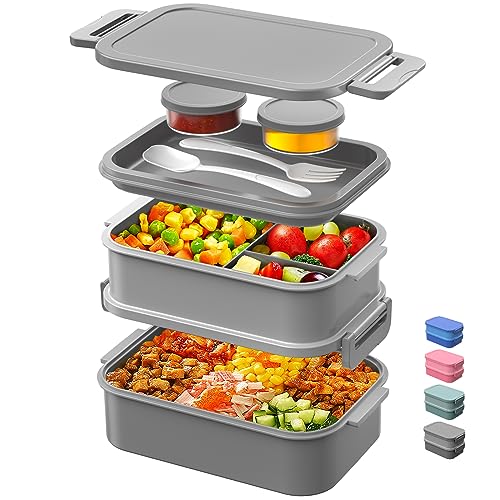 DaCool Adults Lunchbox Bento Box - 74 OZ All-in-One Stackable Lunch Box for Adults Men Women Teens Leakproof Bento Large Lunch Box Containers with Fork Spoon Sauce Box for Dining Out Work School,Grey - color: 2-Grey