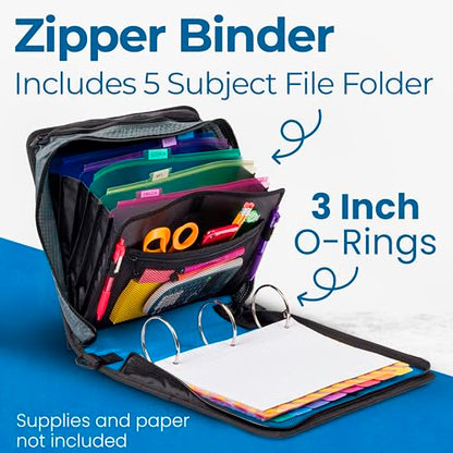Case-it Mighty Zip Tab Zipper Binder, 3" O-Ring with 5-Color tabbes, Expanding File Folder and Shoulder Strap and Handle, D-146-Denim Blue - color: D Denim Blue, size: 1 Pack