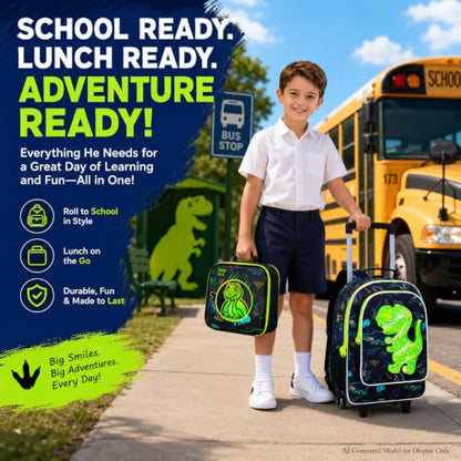 WZLVO 4PCS Dinosaur Rolling Backpack for Boys - Cool Wheeled School Set with Lunch Box,Water Resistant Roller School Backpack on Wheels for Elementary Kids Travel - color: Boys Rolling Backpack - Popular Dinosaur