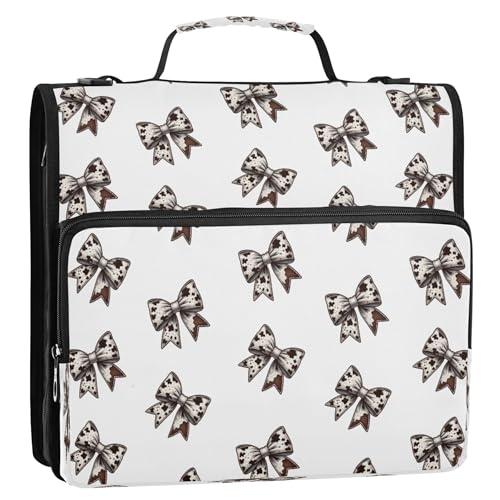 Kigai Cow Print Bows 3 Ring Zipper Binder with Handle & Shoulder Strap Expanding File Multiple Pockets Binder Organizer - color: Cow Print Bow