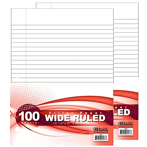 BAZIC Products Wide-Ruled Filler Paper, 3-Hole Punched, 100 Sheets, 2-Pack | 10.5 x 8 in, fit standard 3-ring binders, class notes and homework - color: Wide Ruled (100 Sheets), size: 2-Pack
