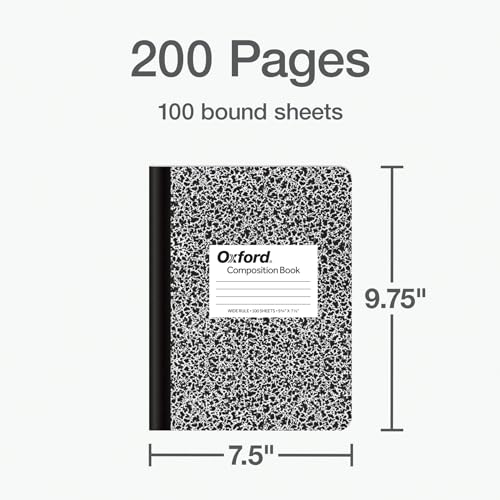 Oxford Composition Notebooks, 9-3/4 x 7-1/2 Inch School Journals, Wide Ruled Paper, Black Marble Covers, 100 Sheets per Book, (1002516), (Pack of 24) - size: (Pack of 24)