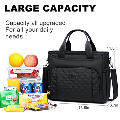 AIJIEKE Large Insulated Lunch Bag for Women Men, Work Lunch Box Tote, Black | Leakproof, durable multi-compartment cooler. Reusable with shoulder strap. Perfect for travel meal prep, picnic, beach - color: Black