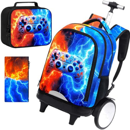 AGSDON Quiet Rolling Backpack with Lunch Box Set – Large‑Wheel Water‑Resistant Wheeled Bag for School, Outings, and Travel | Fire-Lightning Gaming 3‑Piece Organizer Backpack - color: Big Wheel Rolling Backpack Fire-lightning Gaming