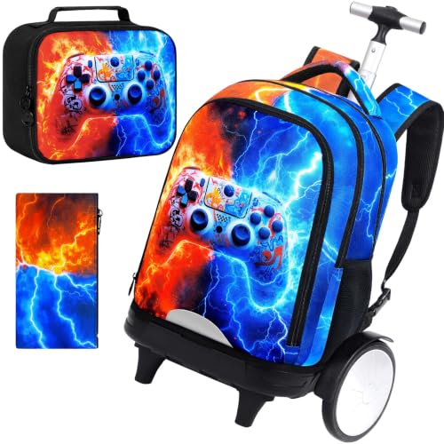 AGSDON Quiet Rolling Backpack with Lunch Box Set – Large‑Wheel Water‑Resistant Wheeled Bag for School, Outings, and Travel | Fire-Lightning Gaming 3‑Piece Organizer Backpack - color: Big Wheel Rolling Backpack Fire-lightning Gaming