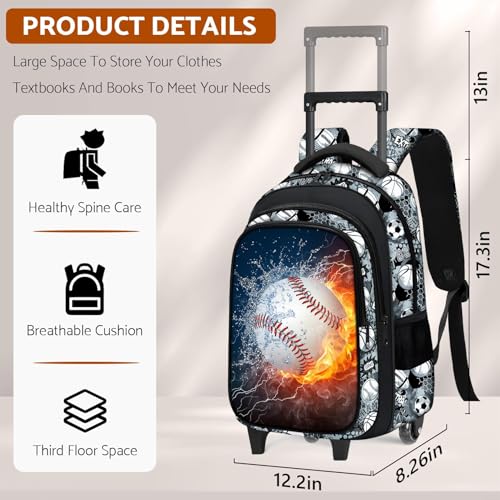 Boys Rolling Backpack for Kids - Baseball Kids Rolling Backpack with Wheels for Elementary Middle School Students - Sport Roller School Bookbag Aged 6-18, Wheeled Travel Bag Large Capacity - color: Baseball-001-backpack Only