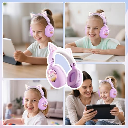 Kids Headphones Bluetooth 5.4 - Cat Ear LED Light Up Noise Cancelling Wireless Headphones with Mic, 85dB Volume Limited, Wired & Wireless Mode for Travel/School/iPad - color: Purple