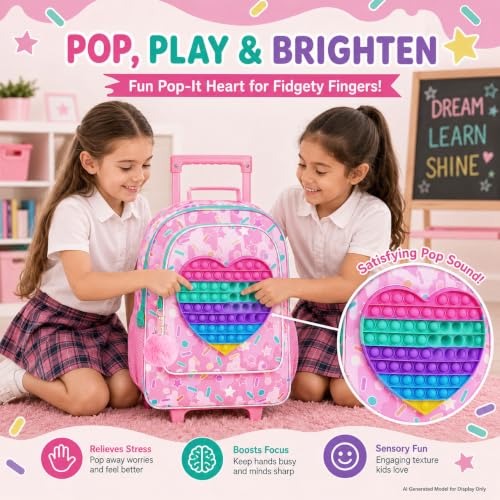 WZLVO 4PCS Love Rolling Backpack for Girls - Cute Wheeled School Set with Lunch Box,Water Resistant Roller School Backpack on Wheels for Elementary Kids Travel - color: Girls Rolling Backpack - Popular Heart