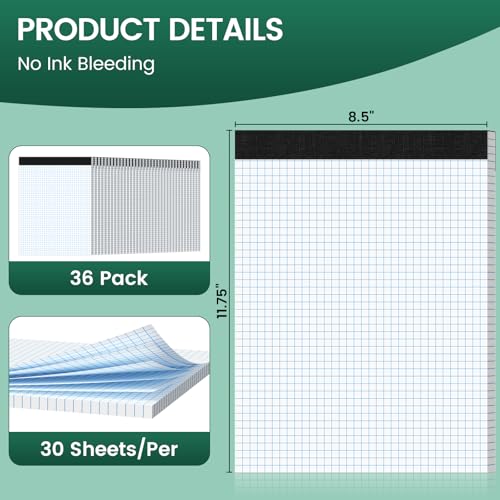 Graph Paper 8.5 X 11, 36 Pack, 4x4 Quad Ruled, Grid Paper Pad 8-1/2" X 11", Grid Pad 8.5 X 11.75, Engineering Notebook, Easy Tears Off, White 70 Gsm Graft Paper - style: 36 Pack