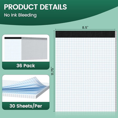Graph Paper 8.5 X 11, 36 Pack, 4x4 Quad Ruled, Grid Paper Pad 8-1/2" X 11", Grid Pad 8.5 X 11.75, Engineering Notebook, Easy Tears Off, White 70 Gsm Graft Paper - style: 36 Pack