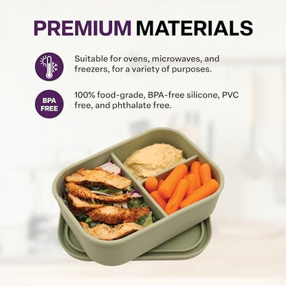 Silicone Bento Box, 3 Compartments, BPA-Free, Leak-Resistant, Dishwasher and Microwave Safe, Perfect for Work, Travel & Meal Prep, (Green) - style: 3 Compartments