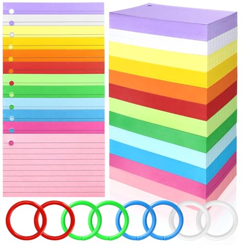 Tecmisse 1200 PCS Colorful Index Cards with Rings, Colored Flash Cards with Rings, 3 x 5 Inch Ruled Note Cards Flashcards Study Cards Notecards for Learning and office Supplies, 12 Colors