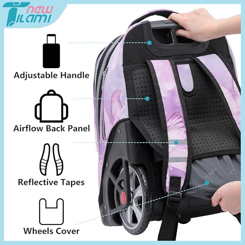 NEW TILAMI 19 inch Rolling Backpack Teens Rolling Backpack Cute Wheeled Laptop Backpack Bookbag Roller Travel Bag College, Evening Butterfly (No USB interface) - color: Purple Butterfly
