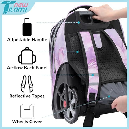 NEW TILAMI 19 inch Rolling Backpack Teens Rolling Backpack Cute Wheeled Laptop Backpack Bookbag Roller Travel Bag College, Evening Butterfly (No USB interface) - color: Purple Butterfly