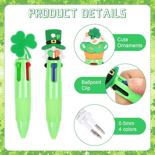 CCINEE 24pcs St Patricks Day Mini Multicolor Pens In One, Green Clover Ballpoint Pens Bulk Cartoon Retractable Party Favor Writing Pen for St Patricks Day School Office Gifts - color: Green