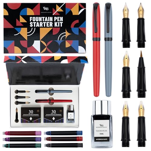 Wordsworth & Black Fountain Pen Set for Beginners, Calligraphy Kit, Grey | Brush Pen + 5 Nibs, 60 Ink Cartridges + Ink Bottle, Converter, Writing & Journaling, Gift for Men & Women, Refillable - color: Red and Grey