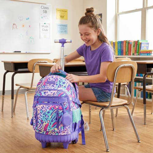 Meetbelify Rolling Backpack for Girls Boys Backpacks with Wheels Kids Carry on Luggage for Girls Boys - color: Blue Leopard