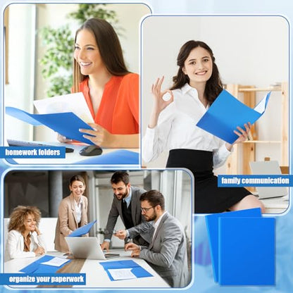 Gueevin 72 Pack Plastic Folder with Pockets, 2 Pocket Folders, Plastic Glossy Folders Fit Letter Size Paper, Heavy Duty Durable File Folder with Business Card for Home Office School (Blue) - color: Blue