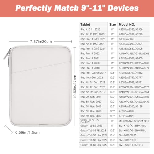 MoKo 9-11 Inch Tablet Sleeve Bag Carrying Case with Accessory Pocket | Fits iPad Air 11-inch M4, iPad Pro 11-inch M5, iPad A16 11-inch, iPad 10/9/8/7th and Tab S9/S8 11-inch, Gray + White - color: Gray + White, size: 9-11 Inch