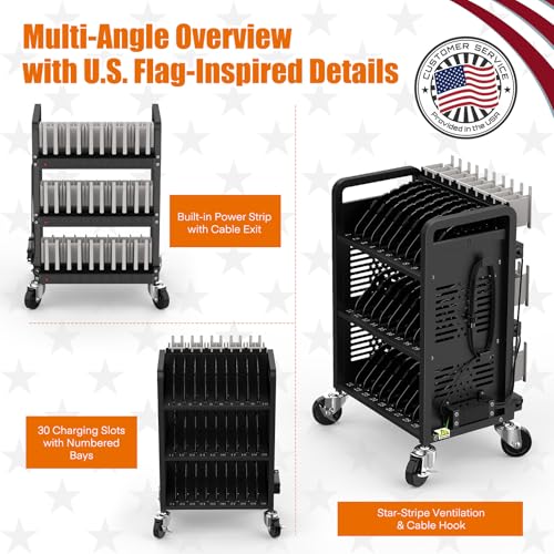 30-Unit Mobile Charging Cart-Open Charging Station Rack for 14-inch Chromebooks and Tablets-Tablet Organizer Station with Cable Management and Charger Organization(Black) - size: 30 Devices