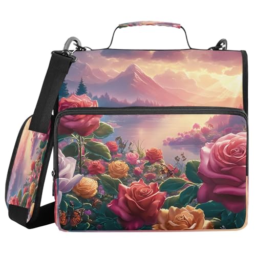 3 Ring Zipper Binder Rose Floral Forest Landscape Binders Bag with Shoulder Strap 500 Sheets Paper Organizer Trapper Keeper Documents Storage File Folder for School Office - color: A2397