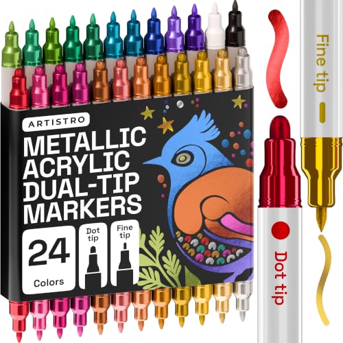 ARTISTRO 24 Metallic Dual-Tip Acrylic Paint Markers – Paint Pens Set with Dot & Fine Tips for Fabric, Rock, Glass, Wood, Coloring Books – Arts & Crafts Gift – Classroom Must Haves & School Supplies | Dot & Fine Tips for Fabric, Rock, Glass, Wood, & Colori
