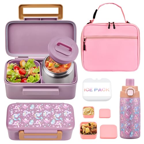MAISON HUIS Bento Box for Kids with 8oz Soup Thermo, Insulated Lunch Bag & 17oz Water Bottle, 2-Compartment Bento Box with Built-In Ice Pack, Leak-Proof & BPA-Free - color: Pink1