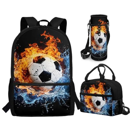 CLOHOMIN Fire Water Football Backpack and Lunch Box Set of 3 Elementary School Bookbag for Kids 5th Grade Thermal Lunchbox Water Bottle Holder Children Book Bag for Boys Girls 7-9 Lunch Bag - color: Fire Water Football